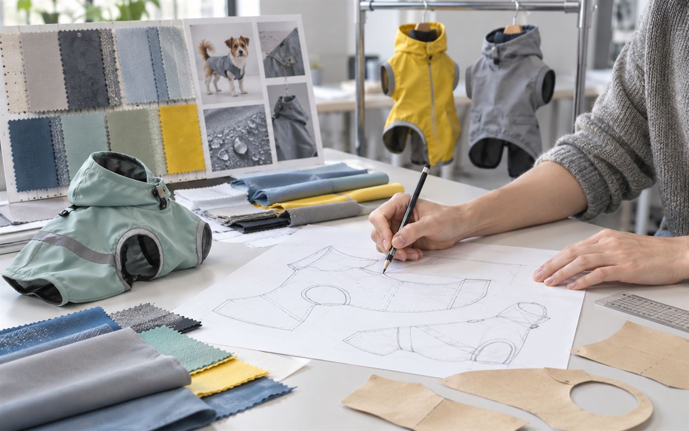 Designer sketching a dog coat pattern beside a fabric board and sample rail